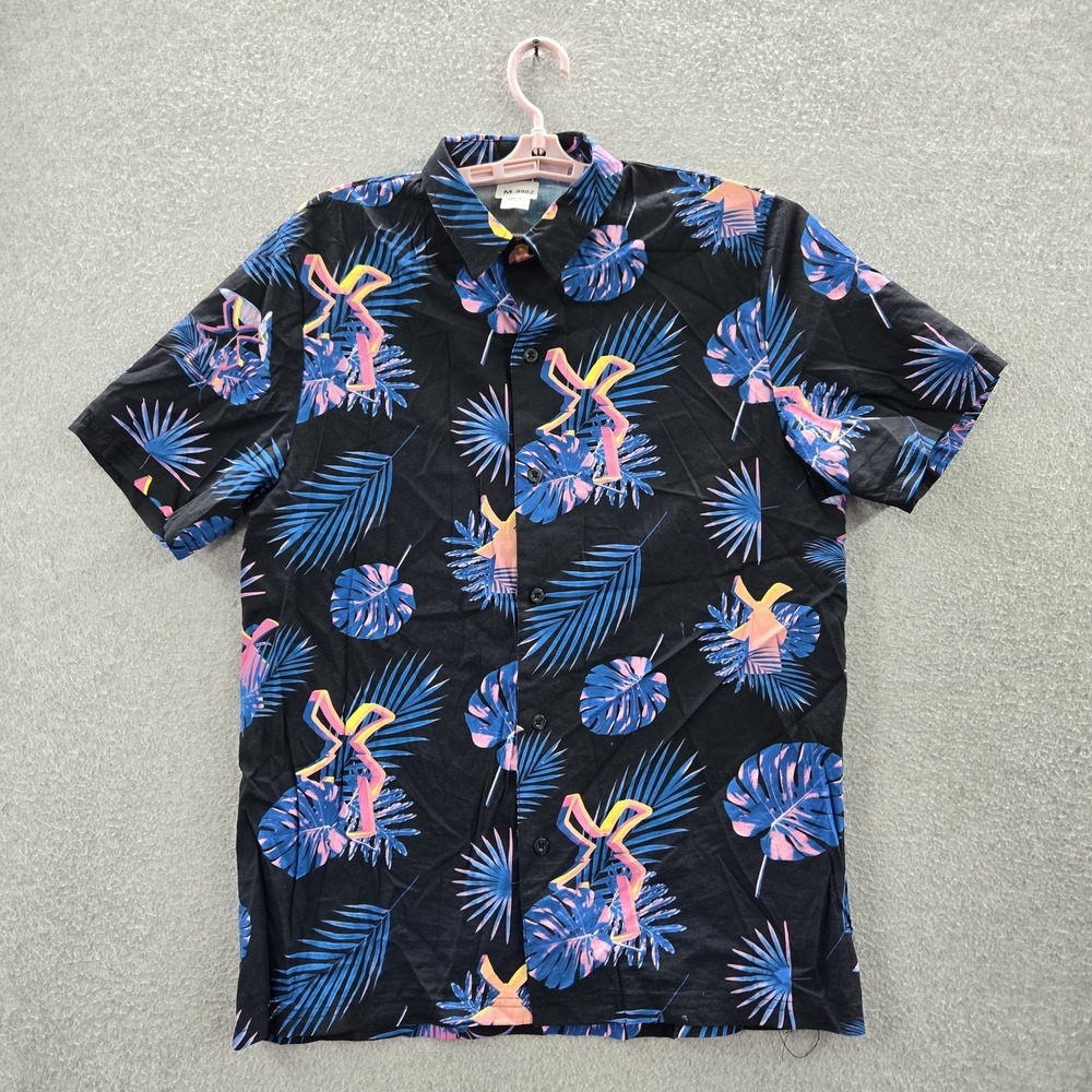 Dutch Bros Men Button Up Shirt SMALL Black Floral Flamingo Palm Leaves Hawaiian